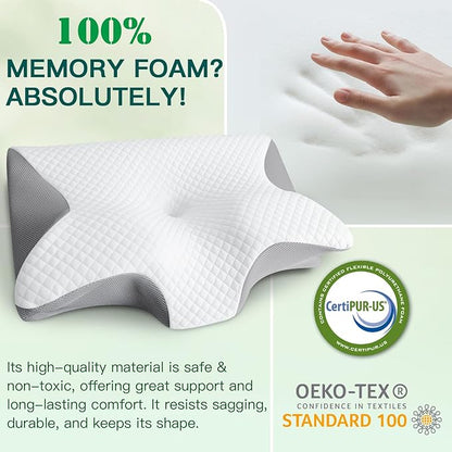 Memory Foam Cervical Pillow, 2-in-1 Ergonomic Neck Support Pillow with Armrest & Ear Hole, Contour Orthopedic Bed Pillow for Pain Relief, Adjustable Height for Side, Back & Stomach Sleepers