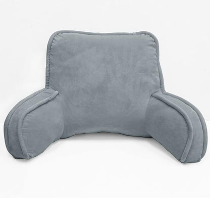 Super Soft Velvety Backrest Reading Bed Rest Pillow with Arms and Pockets 18" H for Sitting in Bed Couch Sofa, Back Support Wedge Cushion with Removable Cover, 20" x 18" x17", Griffin Gray
