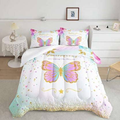 CVHOUSE Butterfly Bedding Set - Twin Butterfly Comforter Set with 1 Comforter and 2 Pillow Cases - 3 Piece