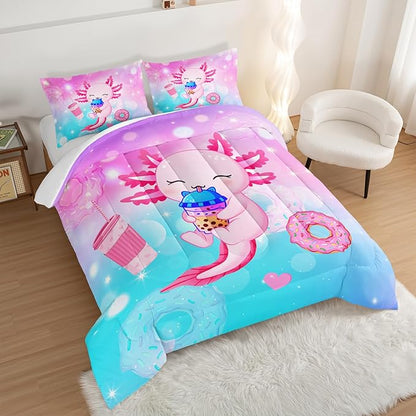 Cartoon Axolotl Comforter Set, King Size, Kawaii Bedding Set with Milk Tea Donut Stars Pattern, Pink Animal Themed Comforter Set with 2 Pillowcases