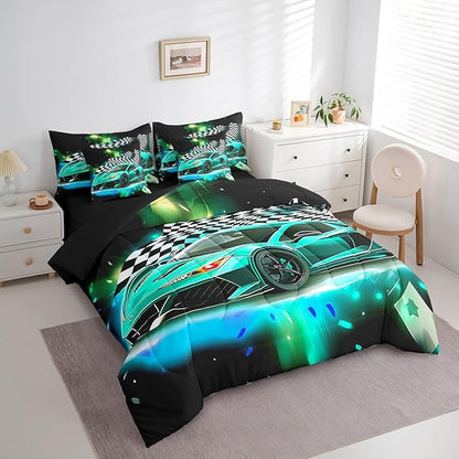 Feelyou Teal Racing Car 7 Piece Bedding Set Twin Size Extreme Sport Comforter Set with Sheets for Kids Boys Girls Teens Toddler Fast and Furious Bed in a Bag Black White Flag Bed Set