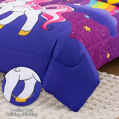 Unicorn Full Bedding Sets for Girls Kids Teens, 8 Piece Bed in a Bag Purple Rainbow Theme Unicorn Comforter Set Bedroom Decor with Printed Sheet Set