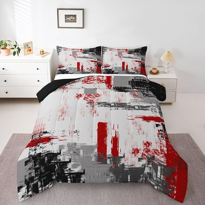 Feelyou Abstract Comforter Modern Abstract Art Comforter Set for Boys Girls Children Red Grey Black Pattern Bedding Set Room Decor King Size Duvet Set 3Pcs