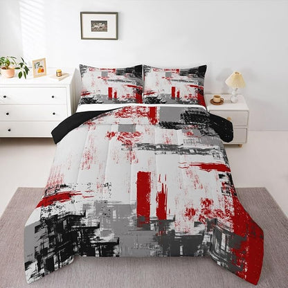 Feelyou Abstract Comforter Modern Abstract Art Comforter Set for Boys Girls Children Red Grey Black Pattern Bedding Set Room Decor Queen Size Duvet Set 3Pcs