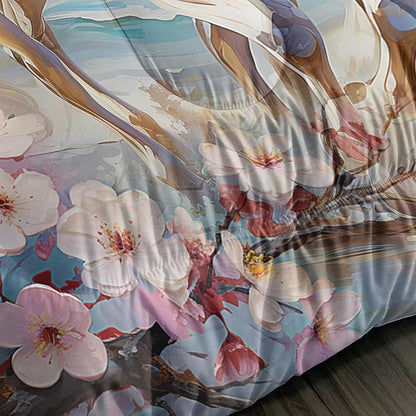 Western Farmhouse Horse Comforter Set,Pink Cherry Blossoms Bedding Sets for Kids Teens Girls Room Decoration,Coastal Beach Theme Bedding Full Size Comforter Sets for Girls with 2 Pillowcases.
