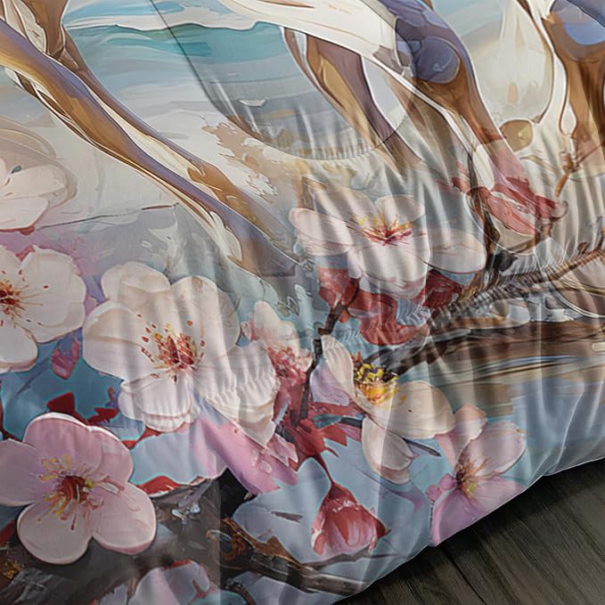 Western Farmhouse Horse Comforter Set,Pink Cherry Blossoms Bedding Sets for Kids Teens Girls Room Decoration,Coastal Beach Theme Bedding King Size Comforter Sets for Girls with 2 Pillowcases.