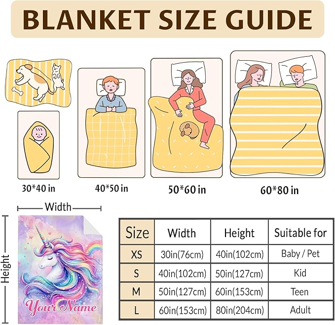 Custom Unicorn Blanket for Girls Age 8-10, Unicorn Gift, 50 x 40 Inches Soft Animal Blanket, Gift for Unicorn Lovers, Cozy Warm Flannel Throw Blanket for Bed Room Decor, Camping, Travel, Chair