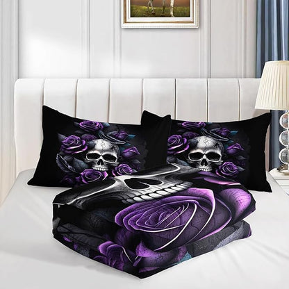 Death Skull Heads King Size Comforter Sets,Horror Themed Gothic Bedding for Kids Teens Boys Room Decor,Mysterious Floral Spider Western Comforter Sets with 2 Pillowcases.