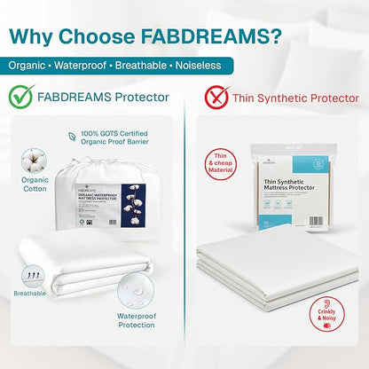 FABDREAMS Organic Waterproof Mattress Protector Queen Size|Queen Mattress Cover| Size Mattress Encasement| Fits up to 17" Deep Pocket|Temperature Regulating | Breathable| White
