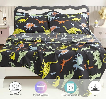 SDY 7PCS Dinosaur Comforter Set Queen Size Cute Printed Comforter Sets Bed in a Bag for Toddler,Girls Boys and Kids, with Comforter, Flat Sheet, Fitted Sheet and Pillowcases & Shams