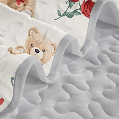 Kawaii Brown Teddy Bear Pet Toy Quilt Bedding King 3Pcs Cartoon Rose Cake Breadbasket Bed Set Safari Animal Pattern Bedspread Coverlet with 2 Pillowcases for Kid Boy Girl Teen Adult Room Decor