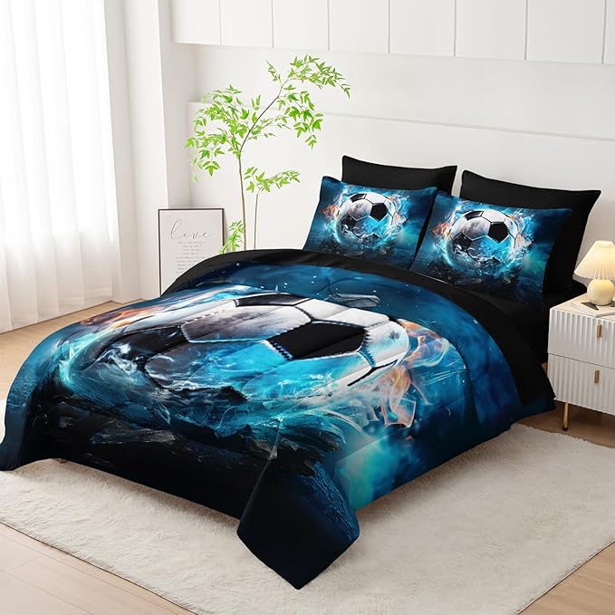 Kids Football Comforter Set,Bed in a Bag Full Size 7 Pieces,Sports Themed Bed Set for Boys Teens,7Pcs Bedding Set with Comforter,Fitted Sheet,Flat Sheet,Pillowcases.