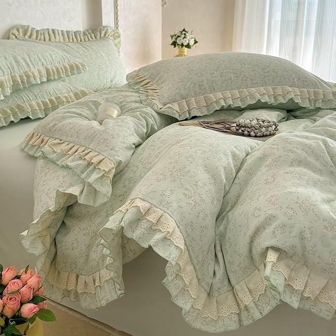 BuLuTu Ruffled Lace Duvet Cover Set Twin, Romantic Green Floral Bedding Set 100% Muslin Cotton Coquette Aesthetic Flower Comforter Cover Shabby Chic Cute Duvet Cover with Zipper Closure