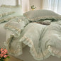 BuLuTu Ruffled Lace Duvet Cover Set Twin, Romantic Green Floral Bedding Set 100% Muslin Cotton Coquette Aesthetic Flower Comforter Cover Shabby Chic Cute Duvet Cover with Zipper Closure