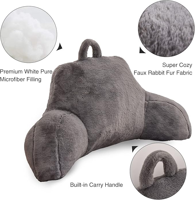 Aimuan Reading Pillow Bed Rest Pillow with Arms Rabbit Fur Cushion for Adults Teens Incline Rest Sitting up & Sleeping Snoring Pillow with Pregnancy Lumbar Back Support (Standard, Grey)