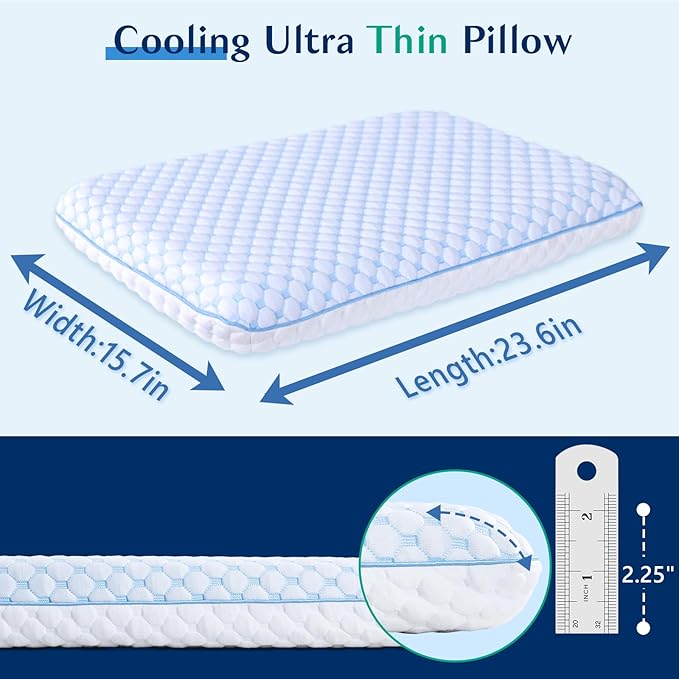 Stomach Sleeping Pillow for Stomach & Back Sleepers,Cooling Gel Thin Memory Foam Pillows for Back Shoulder Neck Pain Relief - Low Profile Ultra Flat Soft Pillow Cases with Zipper 2.25-Inches
