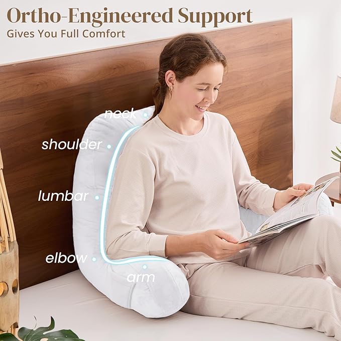 Sasttie Reading Pillow for Bed - 23 Inch, Back Pillow for Bed Sitting Up, Back-Rest Support Cushion with Side Pockets and Arms, Dorm Essentials, Oeko-Tex Certified, White
