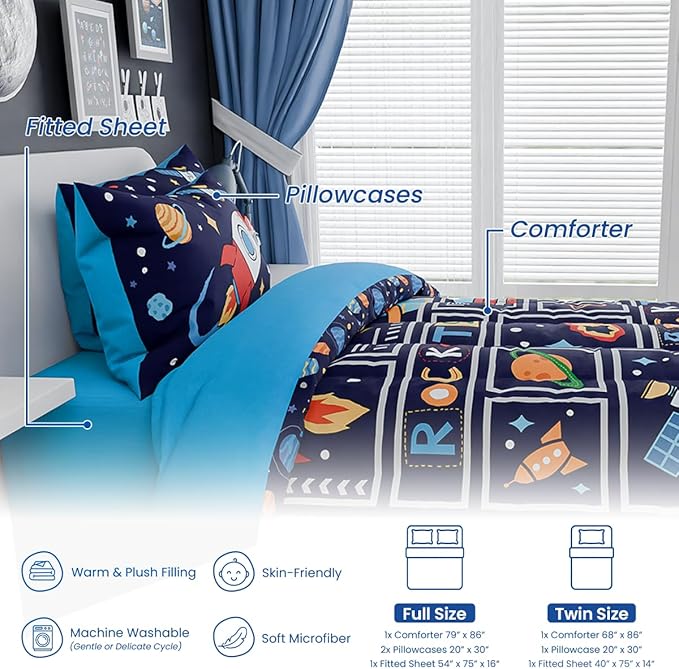 SANDJEST Space Bedding Twin for Boys, Ultra Soft Microfiber Comforter Bed Set with 3-Pieces, Rocket Comforters Sets for Kids Children Teen Tween Bedroom Decor