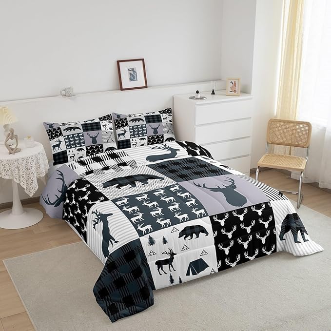 Feelyou Rustic Deer Bear Comforter Set Twin, Camping Hunting Comforter Set for Kids Western Farmhouse Comforter Bear Antler Silhouette Duvet Set Breathable Quilt Set 2Pcs