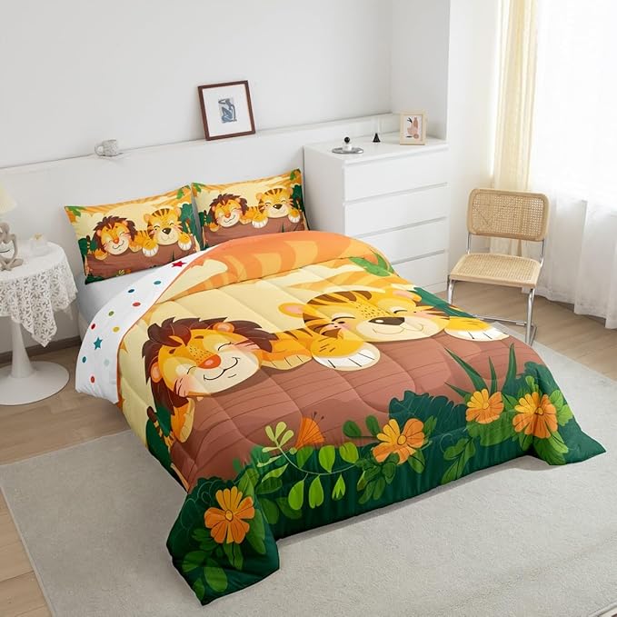 Cute Lion Tiger Bedding Set Full Size Tropical Jungle Wildlife Comforter Set for Girls Boys Room Decor Cartoon Hand Drawn Style Down Comforter Flower Leaves Quilt Set with 2 Pillowcases