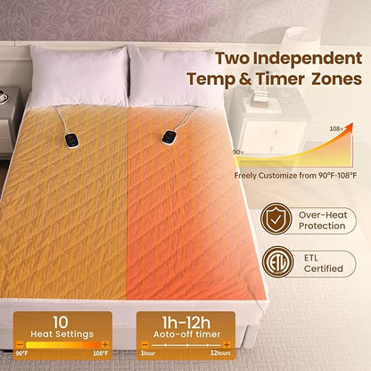 Bearhug Electric Heated Mattress Pads Queen Size Dual Controllers 60”×80” Waterproof Bed Warmer 21” Deep Pocket 10 Heat Settings 12-Hour Timer Machine Washable White