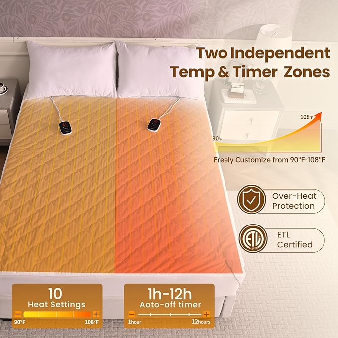 Bearhug Electric Heated Mattress Pads Queen Size Dual Controllers 60”×80” Waterproof Bed Warmer 21” Deep Pocket 10 Heat Settings 12-Hour Timer Machine Washable White