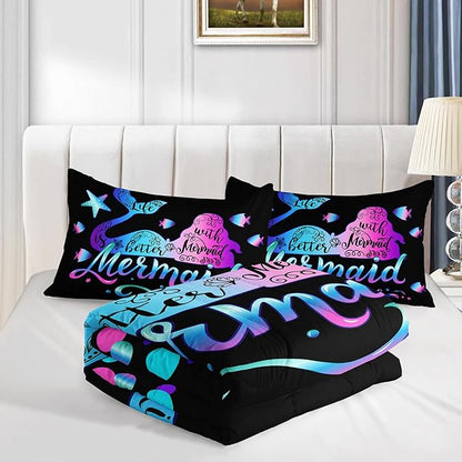 Mermaid Queen Comforter Set,Gradient Color Mermaid Starfish Pattern Bedding Set for Kids Girls Princess Room Decor,Ocean Animal Themed Bedding Comforter Set with 2 Pillowcases.
