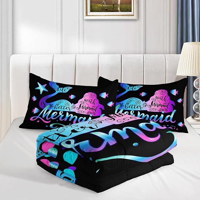Mermaid King Comforter Set,Gradient Color Mermaid Starfish Pattern Bedding Set for Kids Girls Princess Room Decor,Ocean Animal Themed Bedding Comforter Set with 2 Pillowcases.