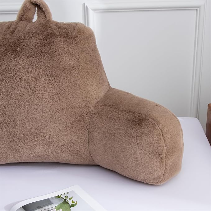 Aimuan Reading Pillow Bed Rest Pillow with Arms Rabbit Fur Cushion for Adults Teens Incline Rest Sitting up & Sleeping Snoring Pillow with Pregnancy Lumbar Back Support (Standard, Khaki)