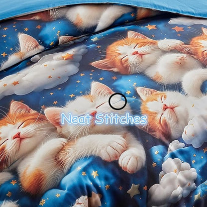 Kids Twin Comforter Set for Boys and Girls, 3 Pieces Cat Comforter with 2 Pillowcases, Microfiber Kitty Twin Bedding Set for Kids Teens Washable Lightweight Super Soft for All Season, Blue