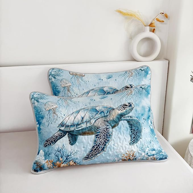 Coastal Bedding Quilt Sets Full Size,Summer Blue Sea Turtles Jellyfish Nautical Bedding Quilt with 2 Pillowcases,Beach Themed Soft Lightweight Quilted Set.