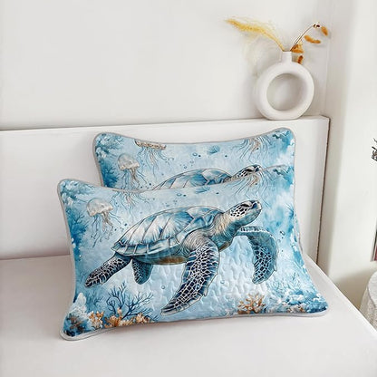 Coastal Bedding Quilt Sets King Size,Summer Blue Sea Turtles Jellyfish Nautical Bedding Quilt with 2 Pillowcases,Beach Themed Soft Lightweight Quilted Set.