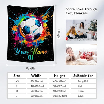 Personalized Soccer Gifts for Boys, Custom Soccer Blanket Gift for Sport Lovers, Flannel Throw Blankets for Kids Girls Teens, Sports Decorations for Room Team Player (Colorful, 40x50 Inch)