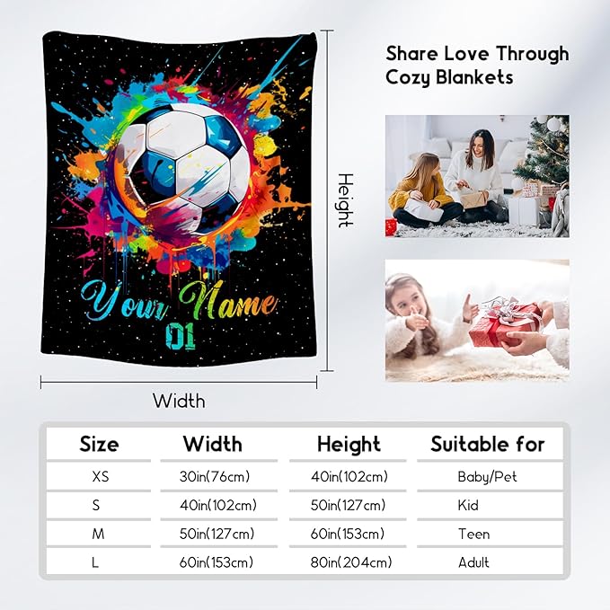 Personalized Soccer Gifts for Boys, Custom Soccer Blanket Gift for Sport Lovers, Flannel Throw Blankets for Kids Girls Teens, Sports Decorations for Room Team Player (Colorful, 60x80 Inch)