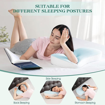 Cervical Pillow for Neck and Shoulder Support, Ergonomic Memory Foam Contour Pillows with Adjustable Dual Heights & Breathable Cover for Side Back Stomach Sleepers (Blue)