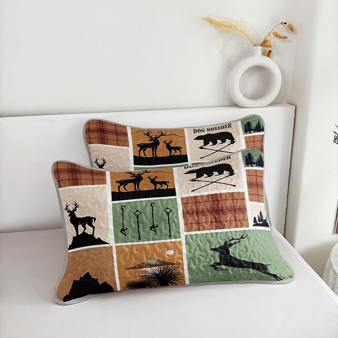 QOOMO Hunting Quilt Set Full/Queen Size,Rustic Bedspread Coverlet Set,Deer 3Pcs Bedding Set Printed Quilt with 2 Pillowcases,Soft and Lightweight,for All Seasons