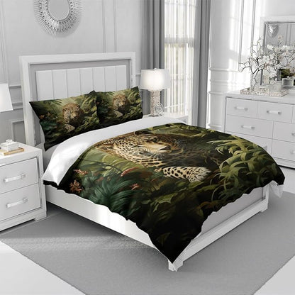 Leopard Print Duvet Cover Set Twin Size 3D Wild Animals Leopard Jungle Print Bedding Set with 2 Pillowcases for Kids Teens Adults Room Decor,Green Yellow