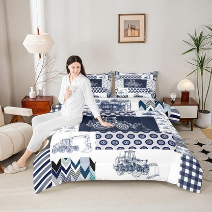 Feelyou Kids Construction Comforter Set Queen Size Equipment Trucks Bedding Set for Boys Cartoon Car Excavator Tractor Comforter Construction Vehicles Plaid Grid Blue and White Duvet Set