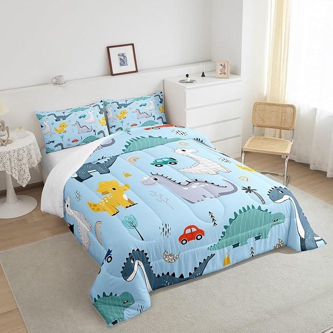 Castle Fairy Cute Car Kids Full Size Comforter Set,Kawaii Dino Colorful Wild Animal Bedding Comforters Bedroom Collection,Cartoon Dinosaur Rainbow Sketch Blue Bedding Set for Girls Teens