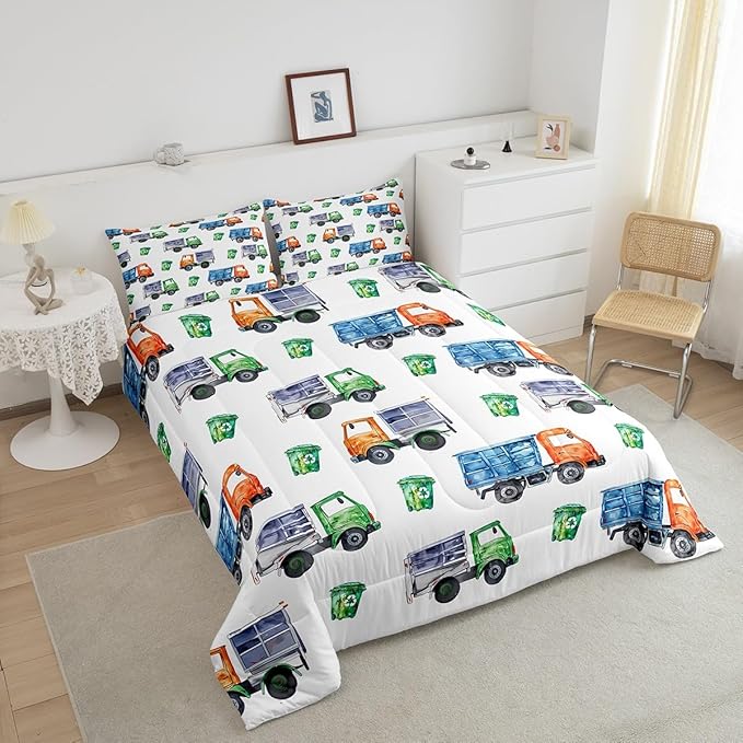 Erosebridal Cartoon Garbage Truck Bedding Green Trash Truck Comforter Set King for Kids Boys Girls Toddler Green Vehicle Car Bedding Set Refuse Classification Garbage Truck Print Duvet Set 3 Pieces