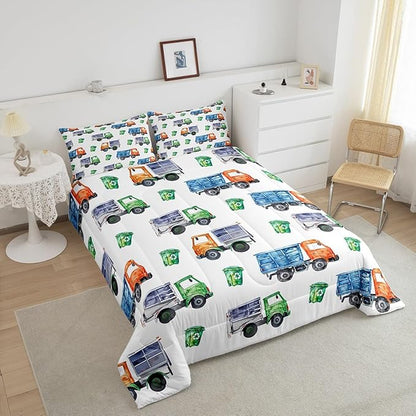 Erosebridal Cartoon Garbage Truck Bedding Set - Green Trash Truck Comforter, Duvet Set for Kids Boys Girls Toddler - 3 Pieces