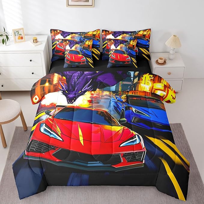Feelyou Racing Car 7 Piece Bedding Set King Size Red Blue Racing Car Comforter Set with Sheets for Kids Boys Teens Dinosaur Monster Bed in a Bag Fast and Furious Bed Set