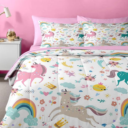 Nesker 7 Pcs Comforter Set Queen Size, Cute Colorful Unicorns Bedding Set for Kids Teen, Cloud Rainbow with Fitted Sheet 2 Pillowcases & 2 Shams for Bedroom Bed Decor