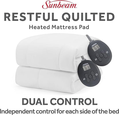 Sunbeam Electric Restful Quilted Heated Mattress Pad King 80" x 76" 12 Heat Settings 12-Hour Auto Shut-Off Extra-Cozy Fabric Deep Pocket Fit Machine Washable
