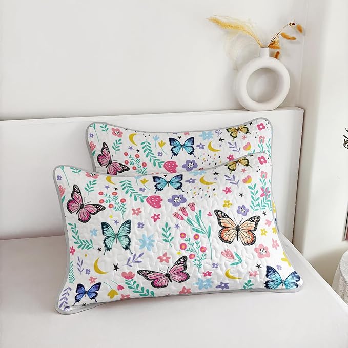 QOOMO Floral Butterfly Quilt Set King Size,Butterflies Bedspread Coverlet Set,Flower 3Pcs Bedding Set Printed Quilt with 2 Pillowcases,Soft and Lightweight,for All Seasons