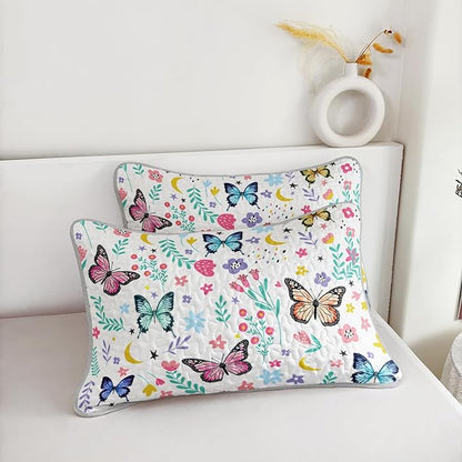 QOOMO Floral Butterfly Quilt Set King Size,Butterflies Bedspread Coverlet Set,Flower 3Pcs Bedding Set Printed Quilt with 2 Pillowcases,Soft and Lightweight,for All Seasons