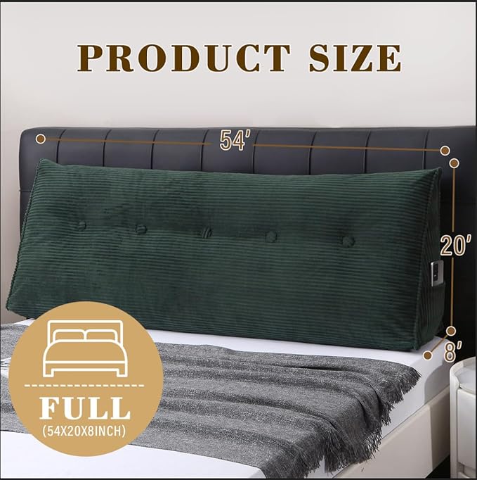 Wedge Headboard Pillow for Bed, Full Dorm Headboard Support for Sitting Up Reading, Relaxing, Removable Washable Corduroy Cover, Polyester and Shredded Foam Filling, Green