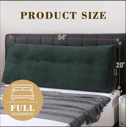 Wedge Headboard Pillow for Bed, Full Dorm Headboard Support for Sitting Up Reading, Relaxing, Removable Washable Corduroy Cover, Polyester and Shredded Foam Filling, Green