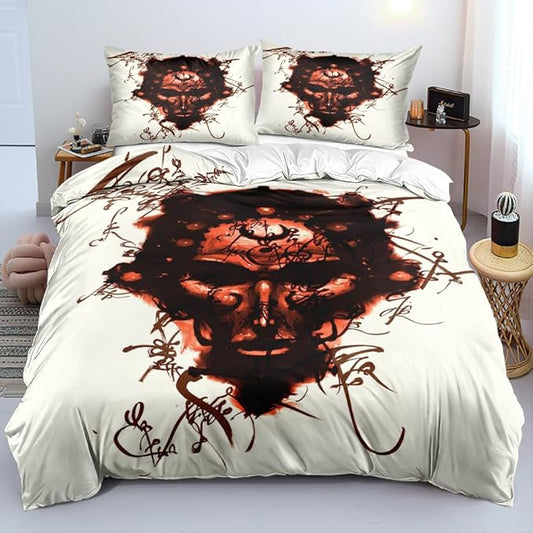 Goth Duvet Cover Set, Queen Size Spooky Skull Comforter Cover and Pillowcases Halloween Bedding Set White Gothic Bed Sets for Boys