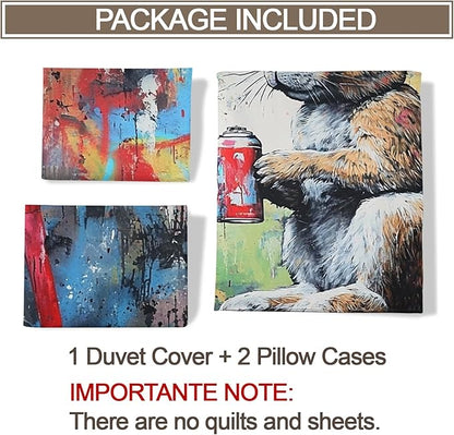 Rabbit Duvet Cover Full Size, Street Graffiti Rabbit Bedding Set 3 Piece Bedroom Decor Fun Animal Comforter Cover with Zipper Ties & 2 Pillowcases